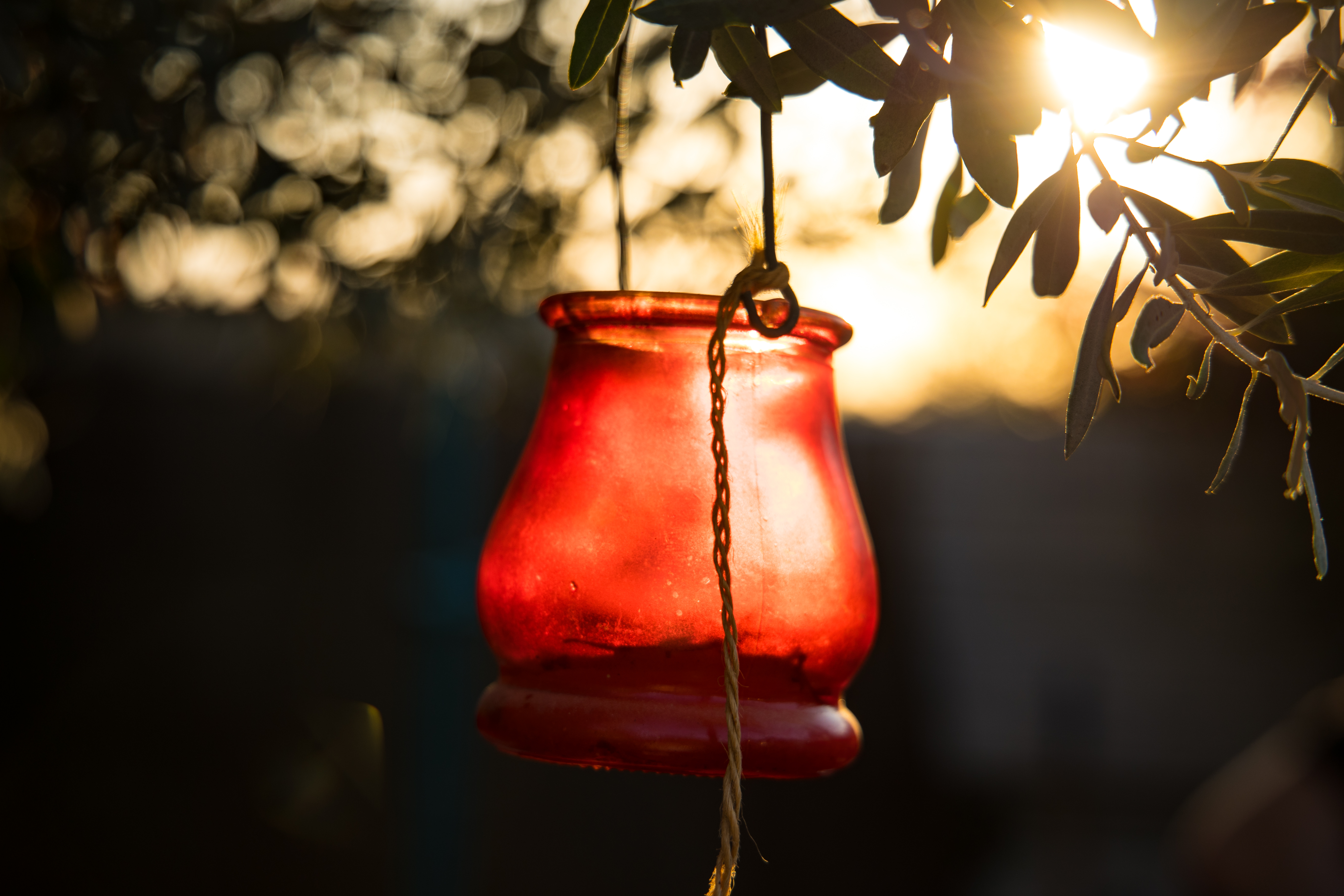 A red lantern glowing in the evening light